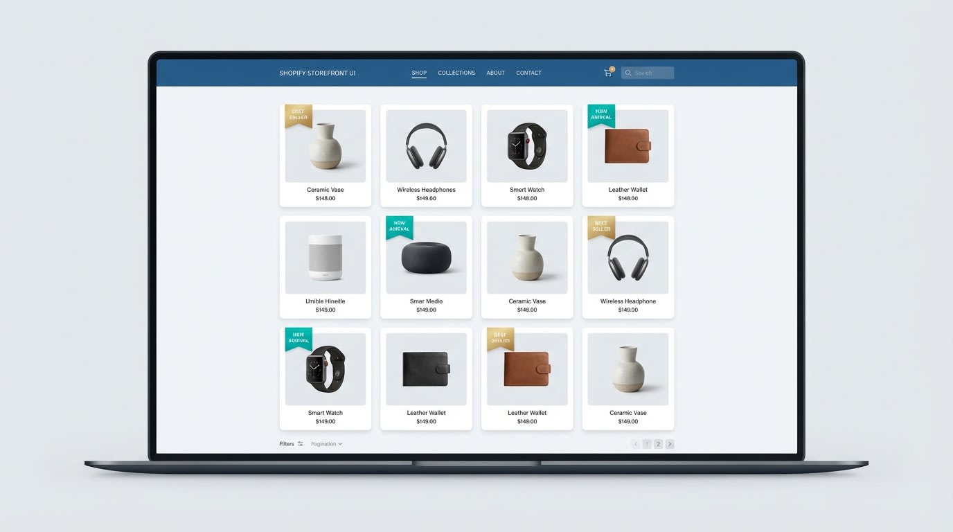A clean, modern Shopify store interface showing various product cards with highlighted 'Best Seller' and 'New Arrival' badges
