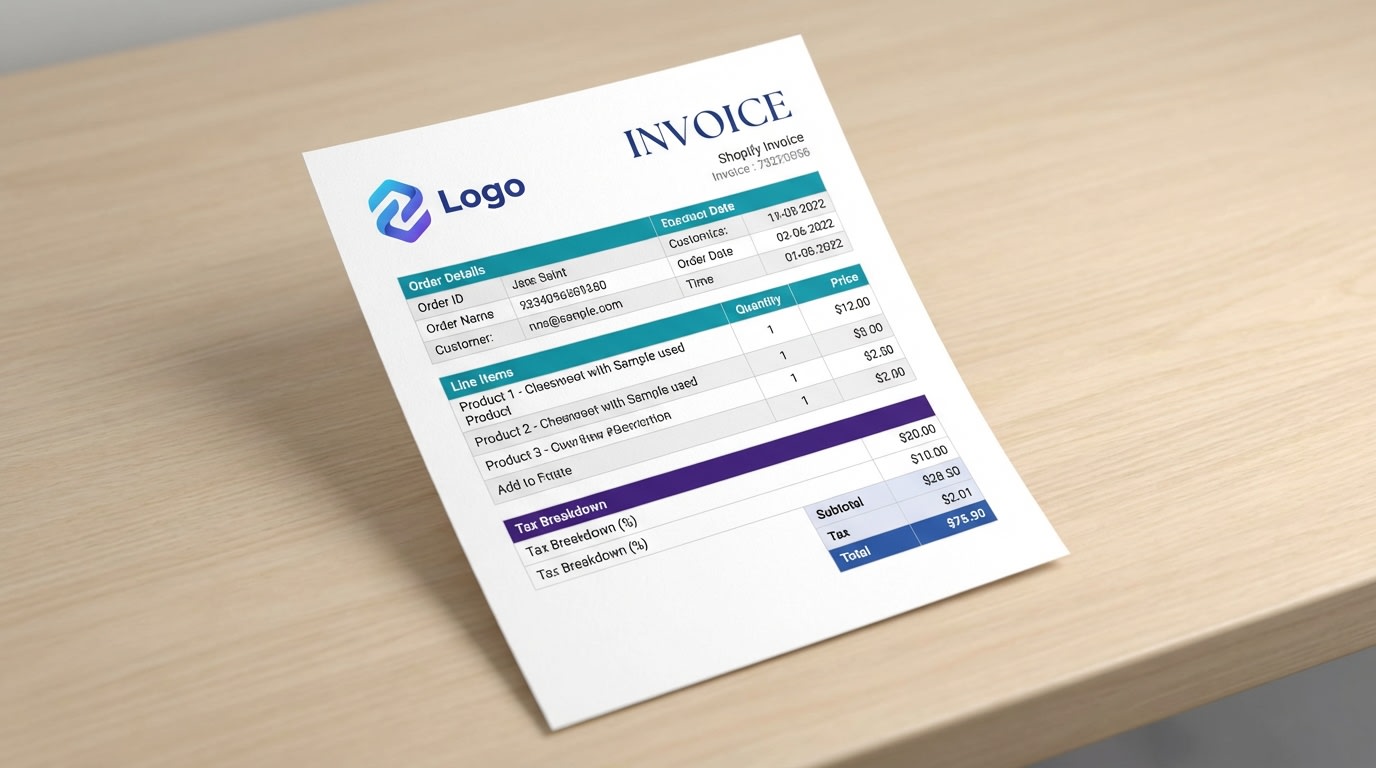 A clean, professional Shopify invoice template showing order details and branding