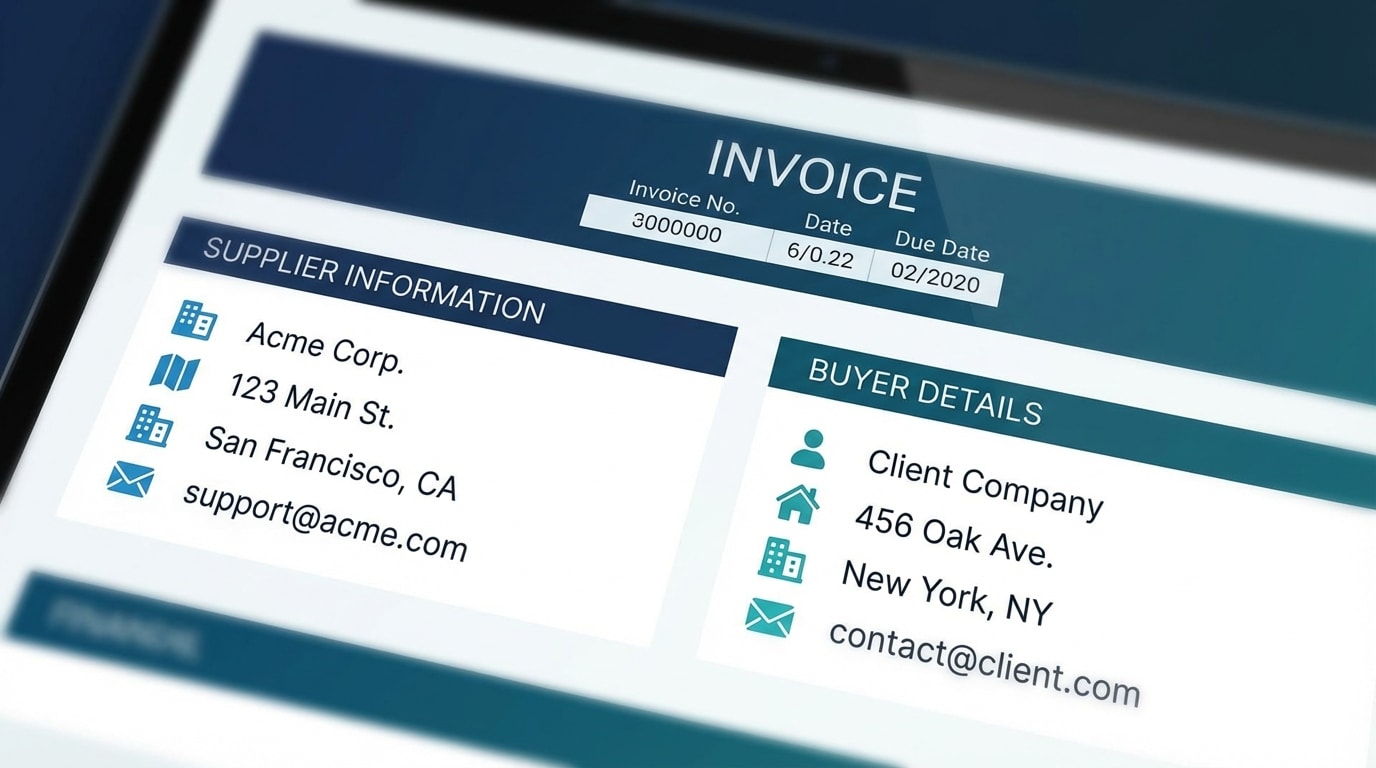 A close up of a compliant invoice header showing supplier and buyer details clearly separated