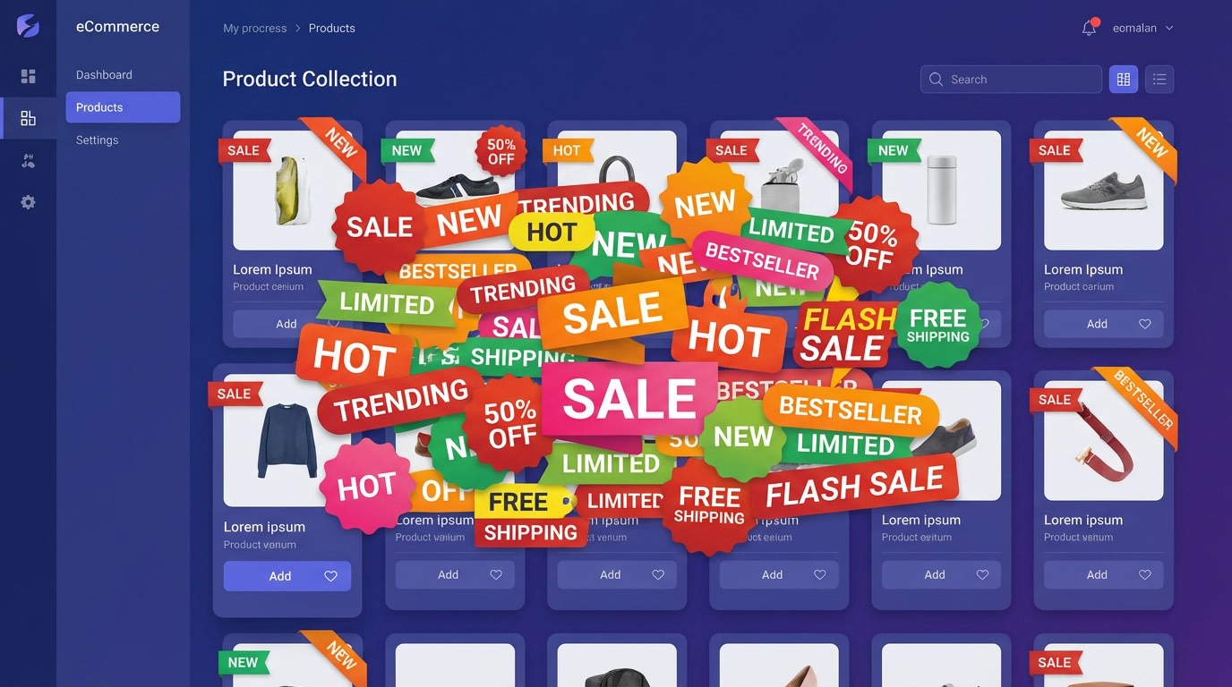 A cluttered Shopify collection page with too many badges on every product