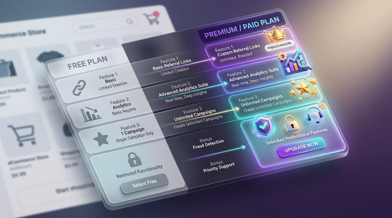 A comparison table highlighting free versus paid features among top Shopify referral popup apps