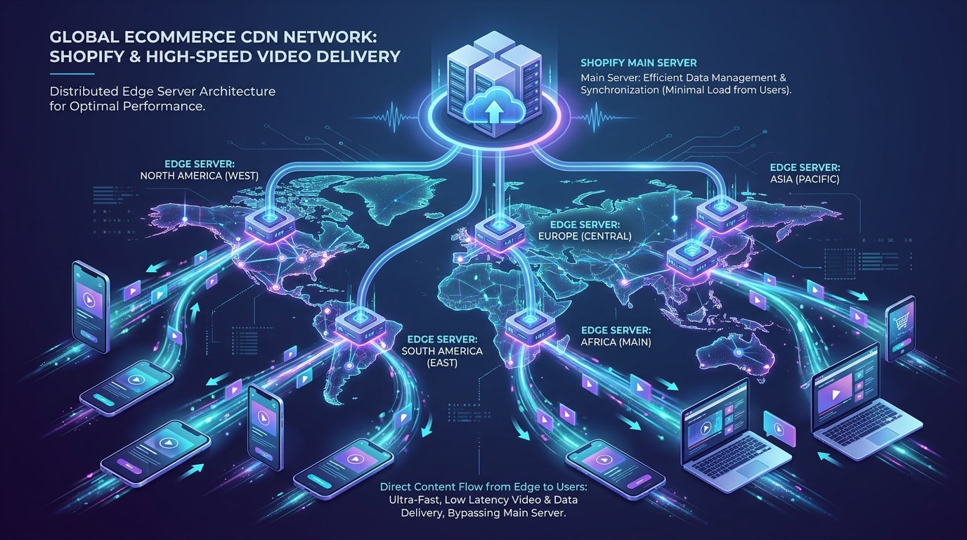 A diagram showing how a Global CDN delivers video content quickly without bogging down the Shopify server