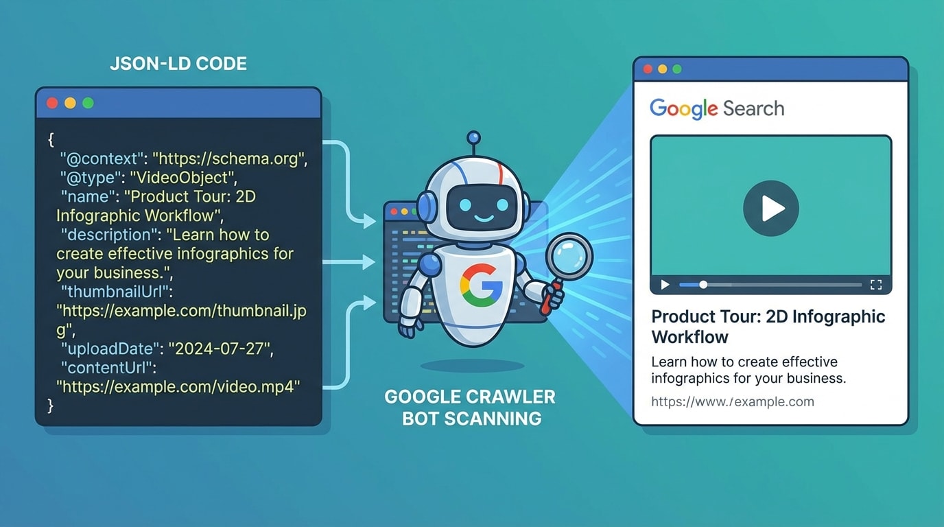 A diagram showing how Google's crawler reads Video Schema JSON-LD code to display a rich video snippet in search results
