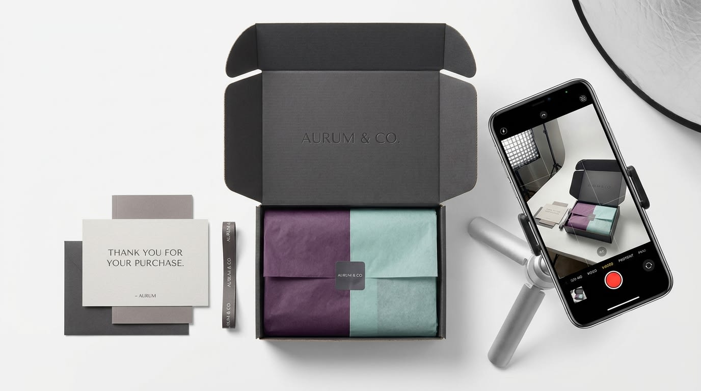 A flatlay of a premium Shopify unboxing experience featuring branded packaging, tissue paper, and a smartphone recording a video
