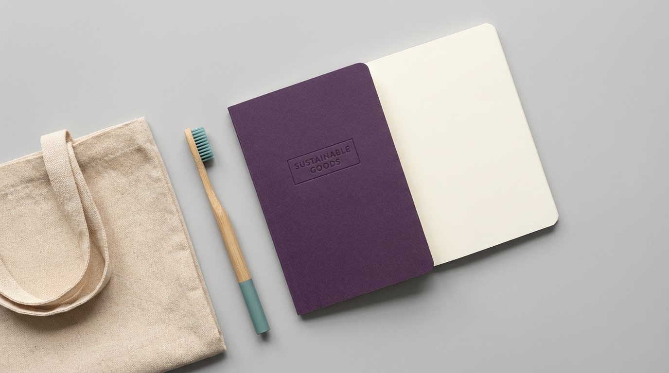 A flatlay of daily life eco friendly examples including an organic cotton tote, bamboo toothbrush, and recycled notebook