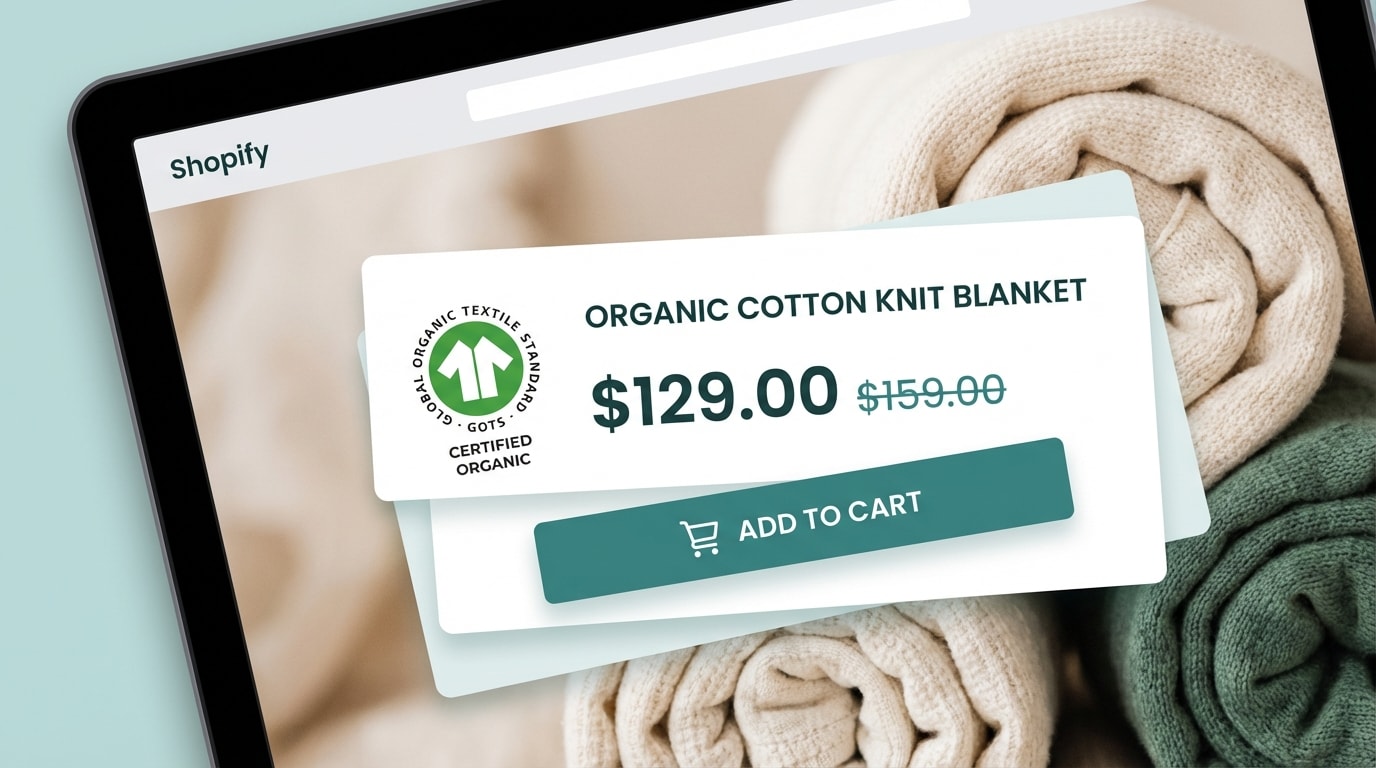 A highly optimized Shopify product page showing a clear GOTS certification badge next to the price