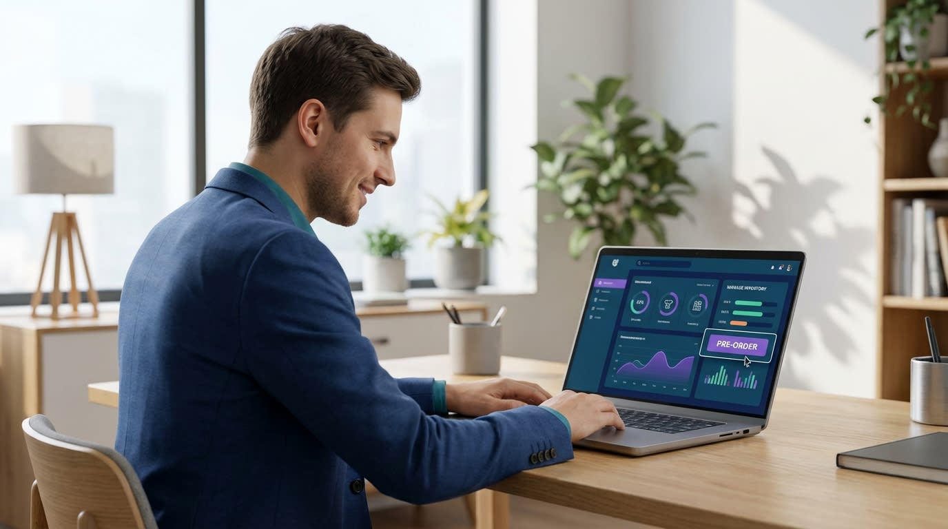 A merchant looking at a laptop showing inventory levels and a pre-order button
