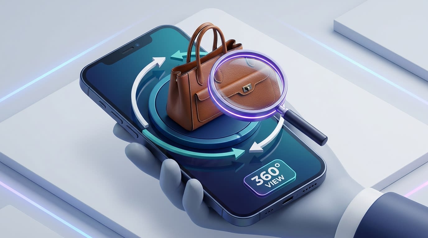 A mobile user zooming in on the fine texture of a product via a 360 viewer