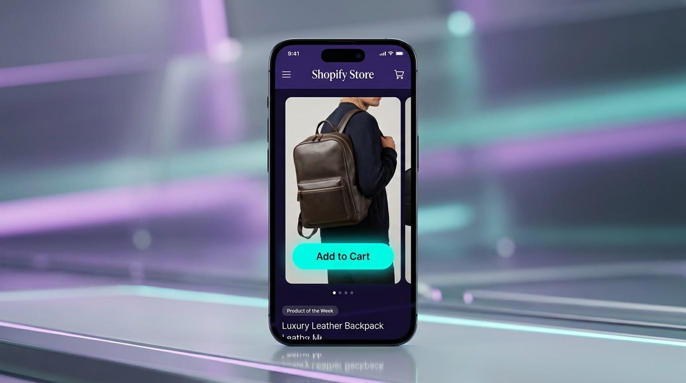 A mobile view of a Shopify store showing a vertical video with a prominent, clickable 'Add to Cart' button floating over the product