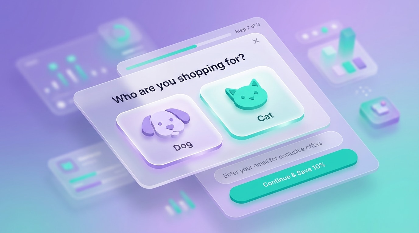 A multi-step popup asking the user if they are shopping for a dog or a cat before asking for their email