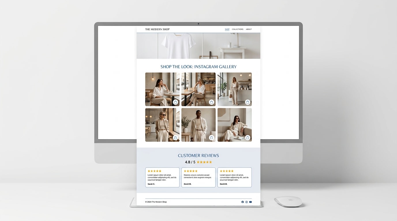 A Shopify product page layout showing a seamless shoppable Instagram gallery just above the reviews section