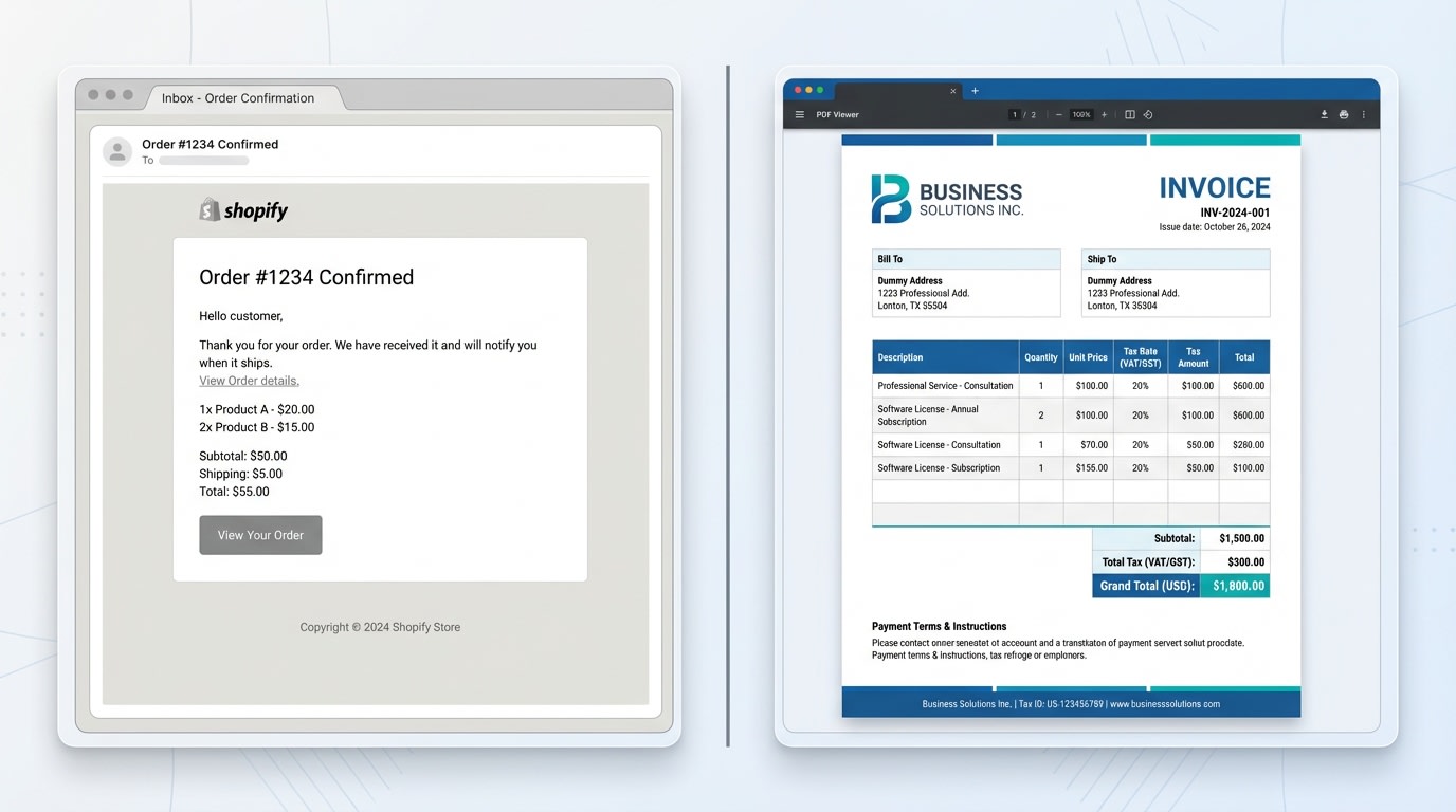 A side-by-side comparison of a standard Shopify order confirmation email and a structured tax-compliant PDF invoice