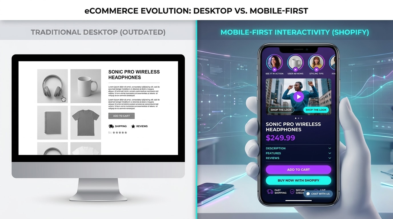 A side-by-side comparison of a standard static product page vs a vibrant, mobile-optimized Shopify product page with interactive video stories