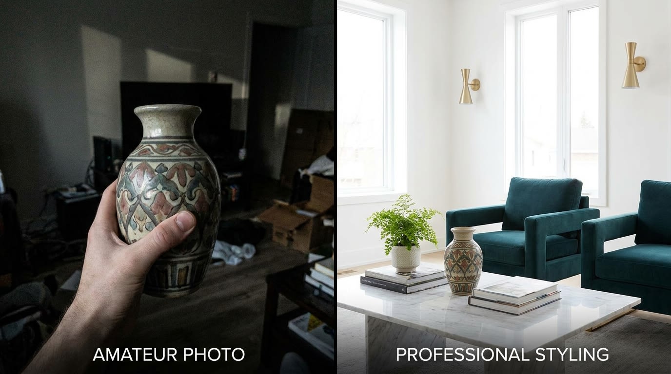 A side-by-side comparison of a poorly lit customer selfie holding a vase versus a professionally styled, well-lit living room featuring the same product