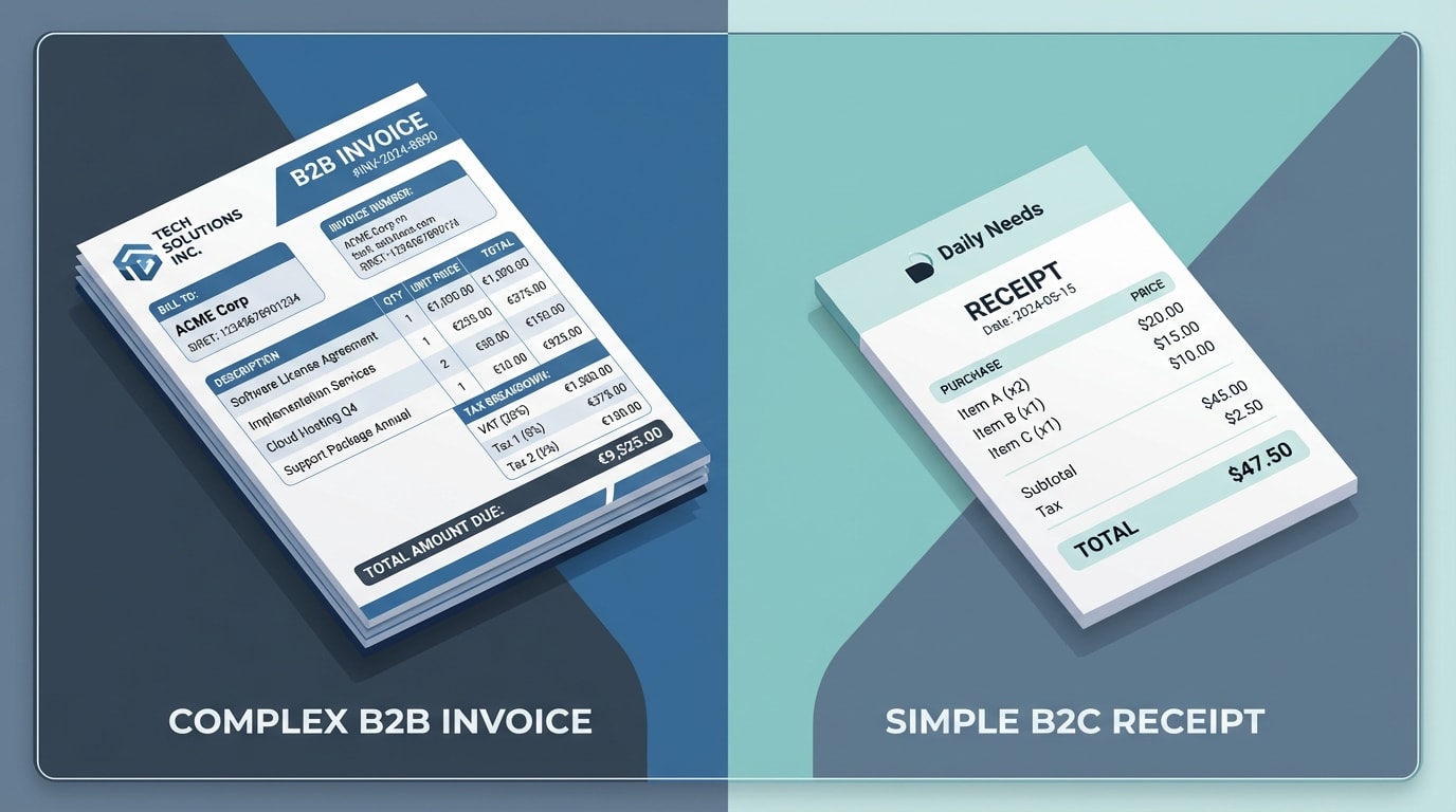 A side-by-side comparison of a B2B invoice with SIRET numbers and a simpler B2C consumer receipt
