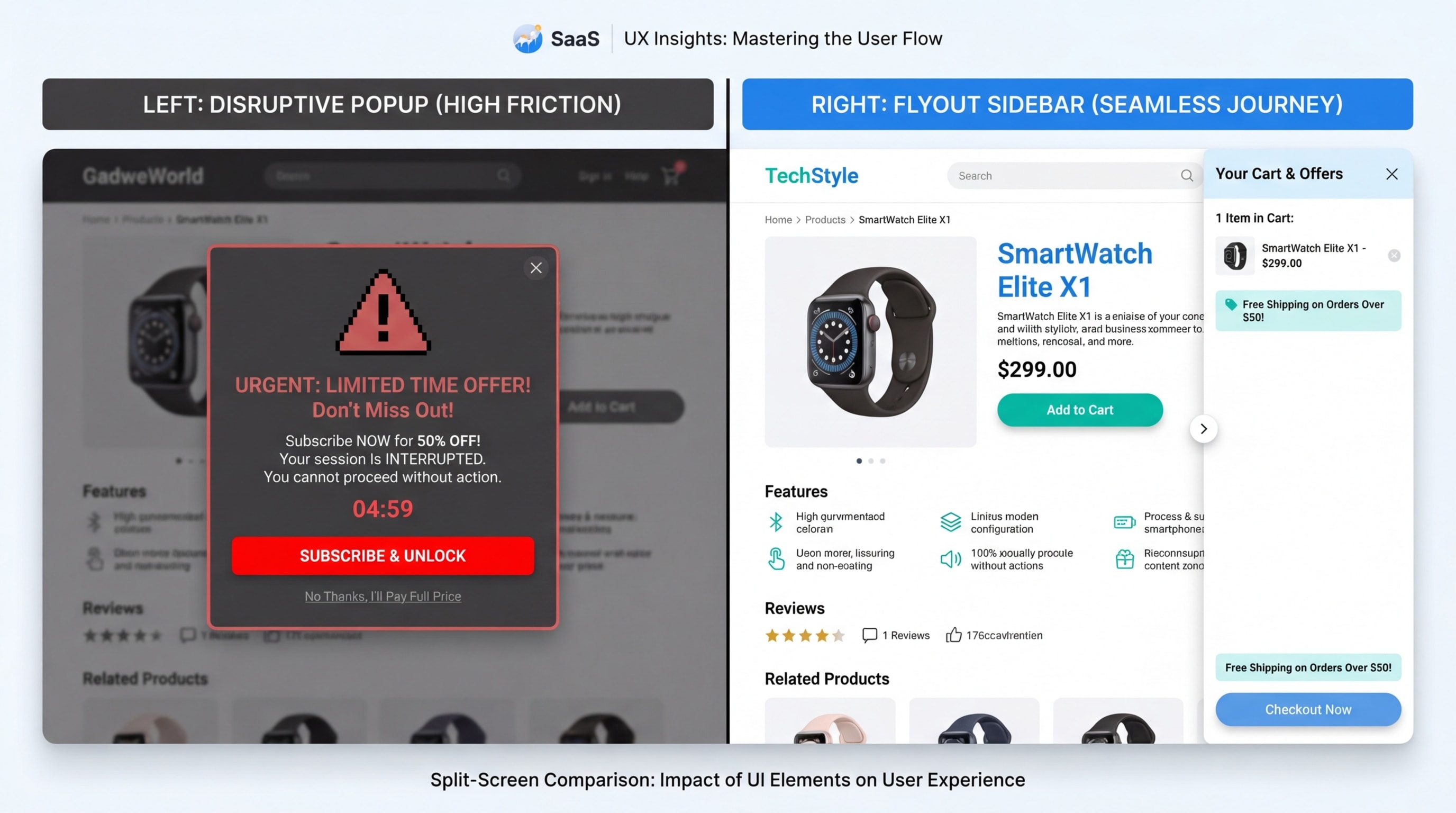 A side-by-side visual comparison of a disruptive center modal blocking a product page versus a sleek, non-intrusive flyout sidebar sliding in from the right