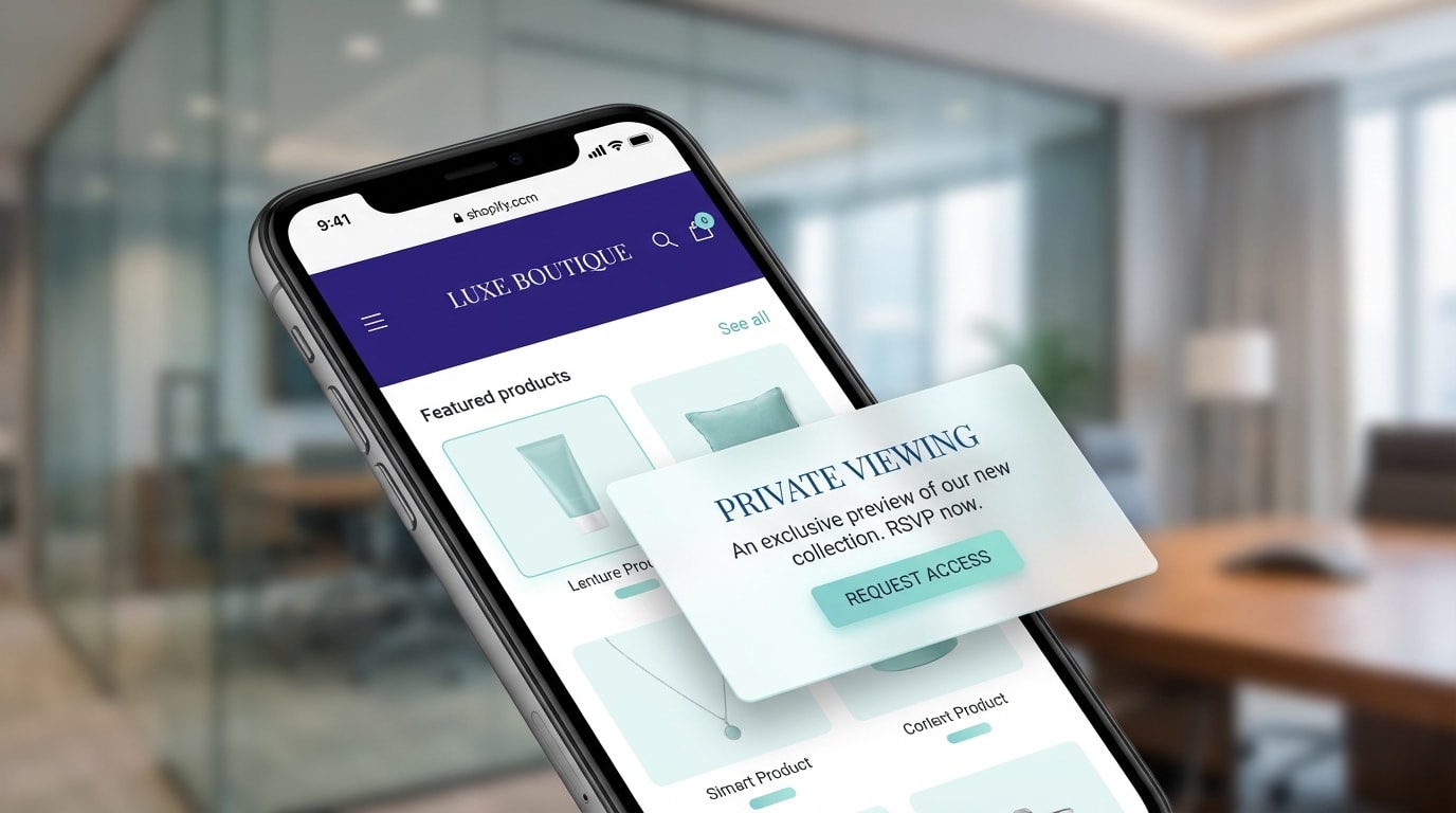 A sleek, minimalist Shopify store on a mobile device showing a subtle slide-in invitation for a private viewing