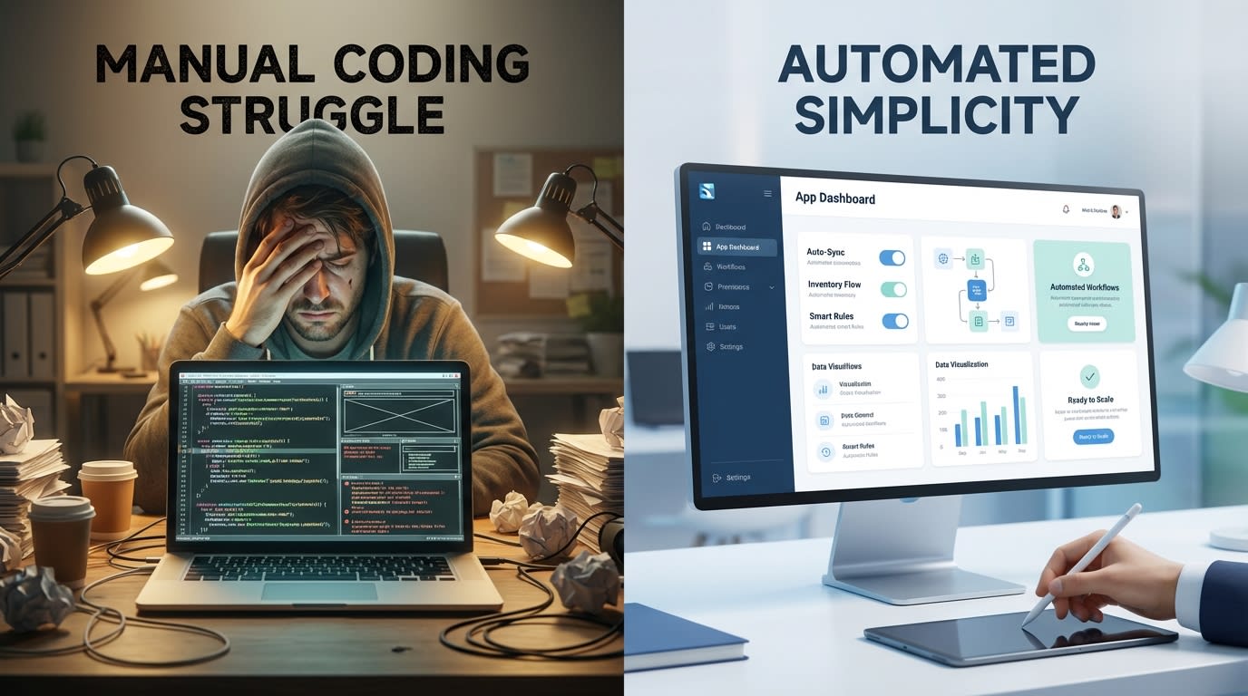 A split-screen comparison showing a frustrated merchant editing code versus a clean, automated app dashboard