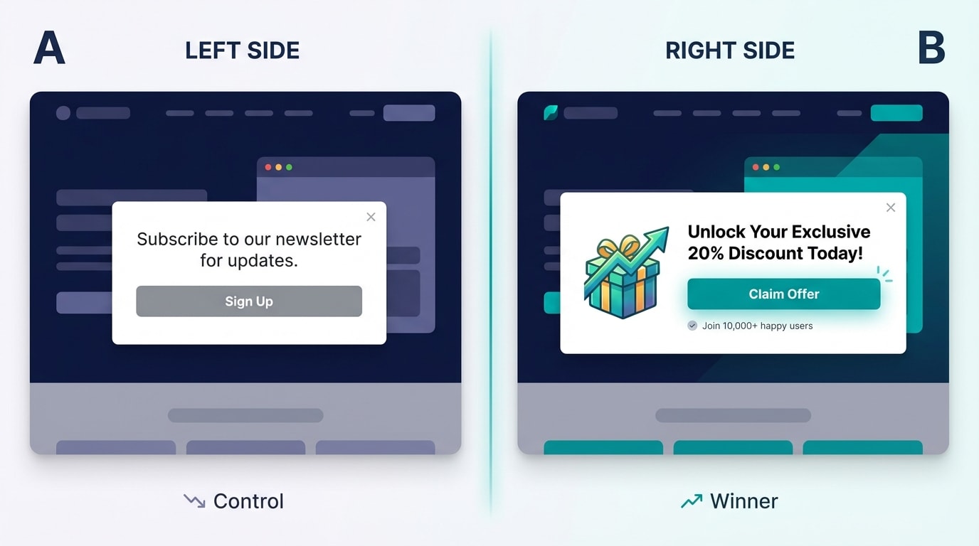A split screen graphic showing two popup variations A and B being tested against each other