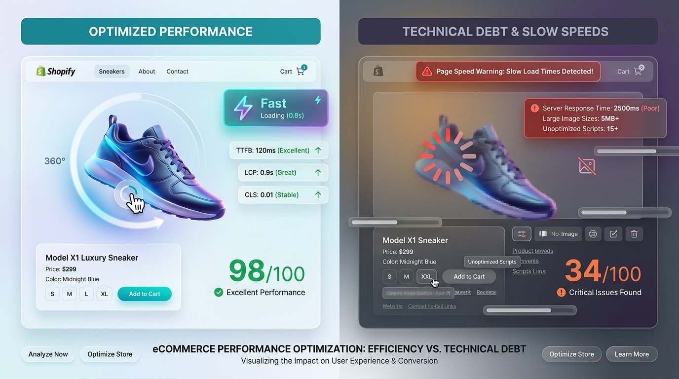 A split screen showing a fast-loading Shopify video 360 product view on the left and a lagging page speed warning on the right