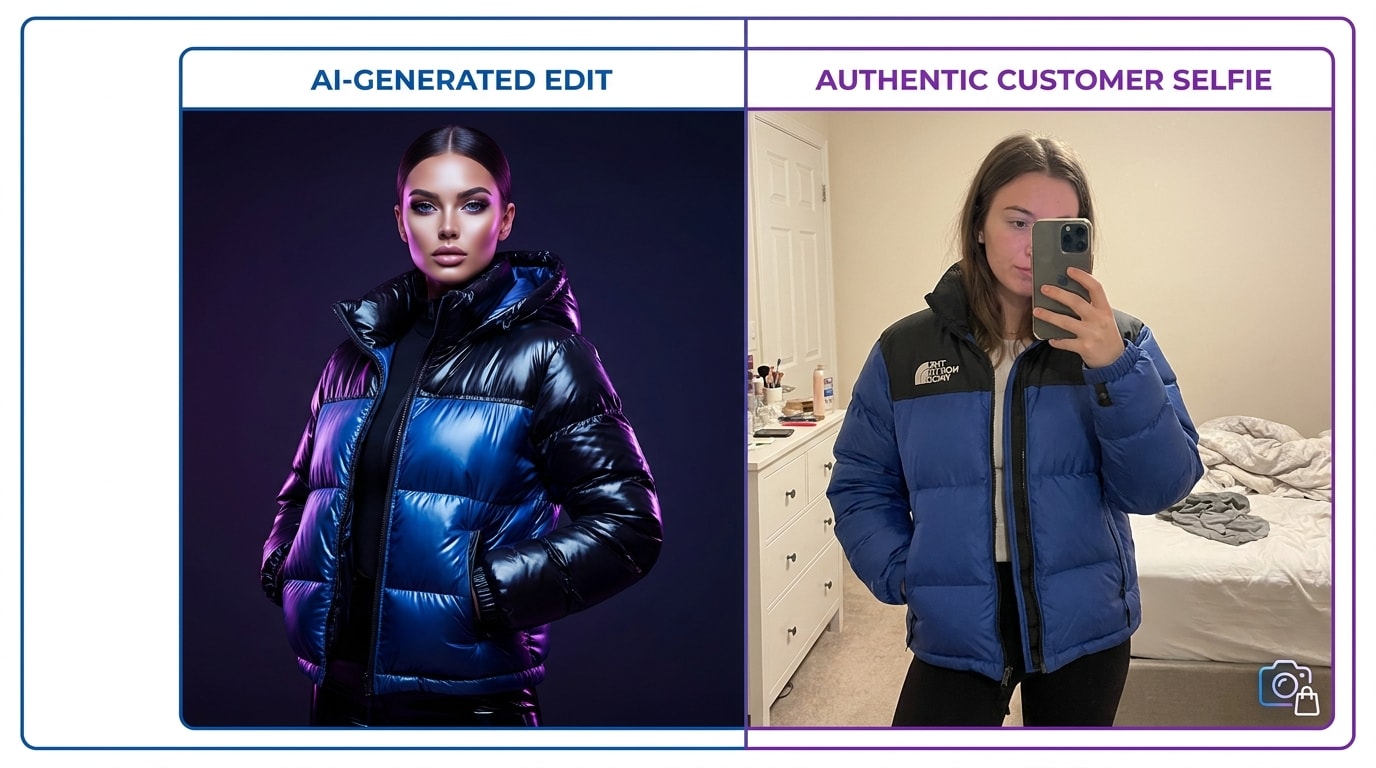 A split screen showing a heavily edited AI fashion model next to a raw, authentic mirror selfie of a real customer wearing the same jacket