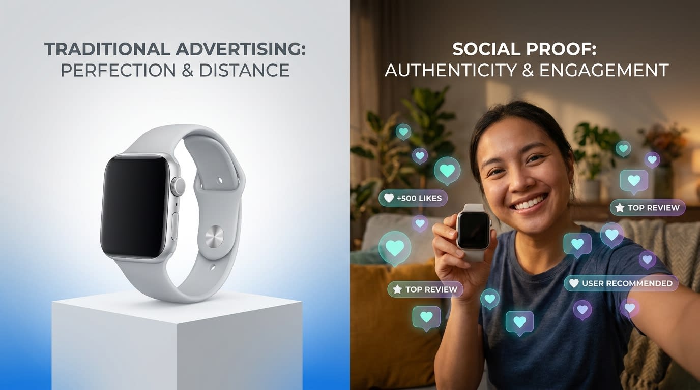 A split screen showing a professional expensive studio photo versus an authentic customer selfie holding a product with high engagement metrics