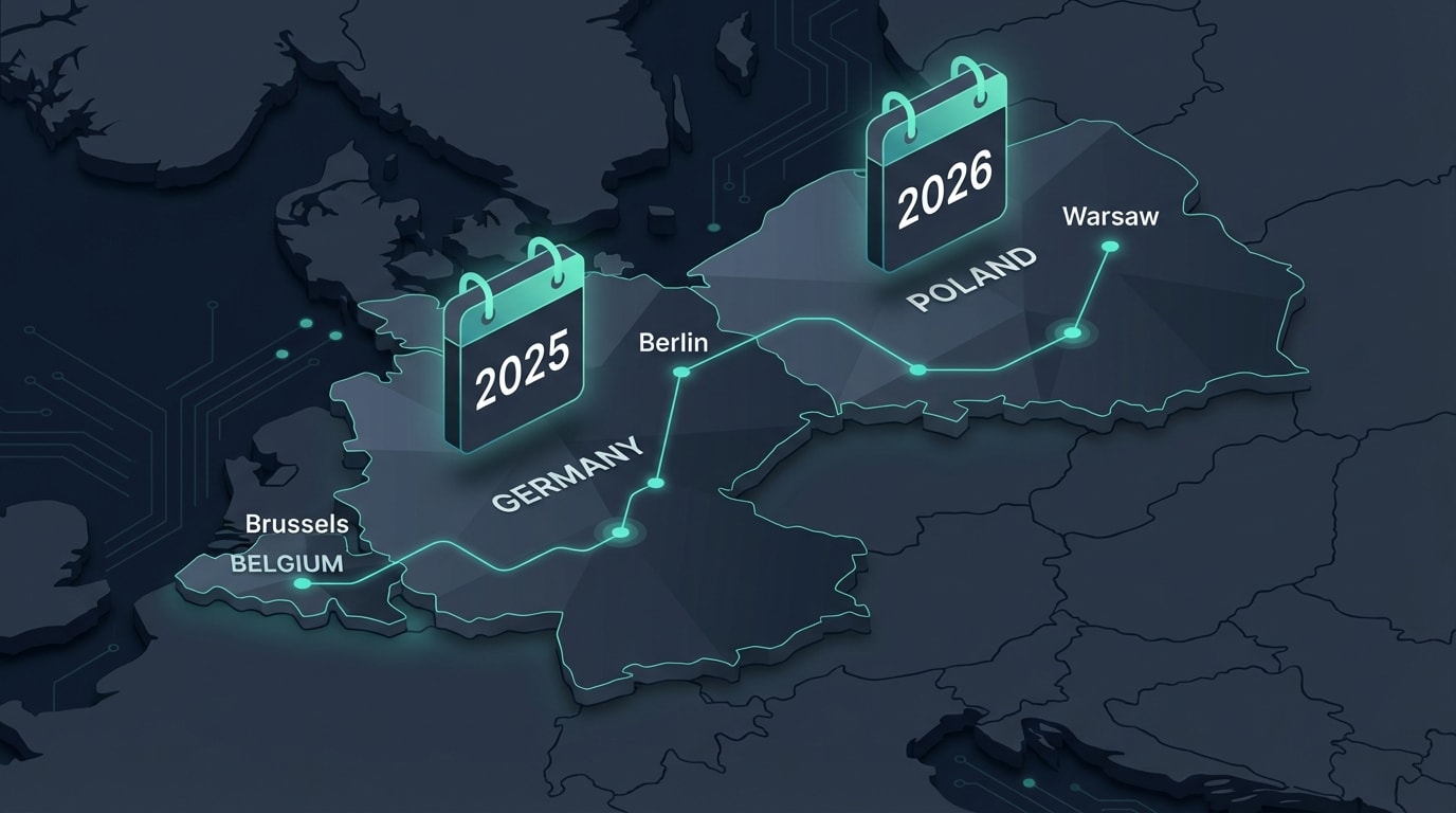 A stylized European map highlighting countries like Belgium, Poland, and Germany with calendar icons pointing to 2025 and 2026