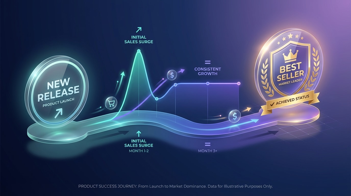A timeline graphic showing a New Release badge transitioning smoothly into a Best Seller badge as sales velocity stabilizes