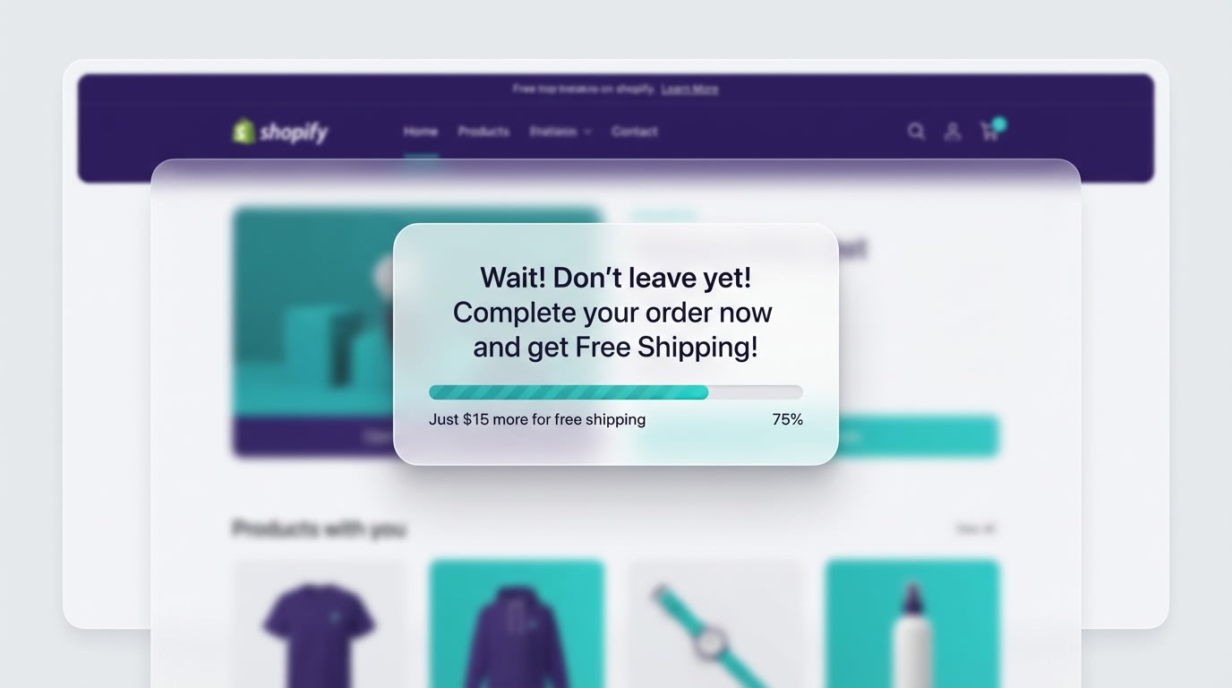 A well-designed exit-intent popup on a Shopify store offering a free shipping threshold calculation