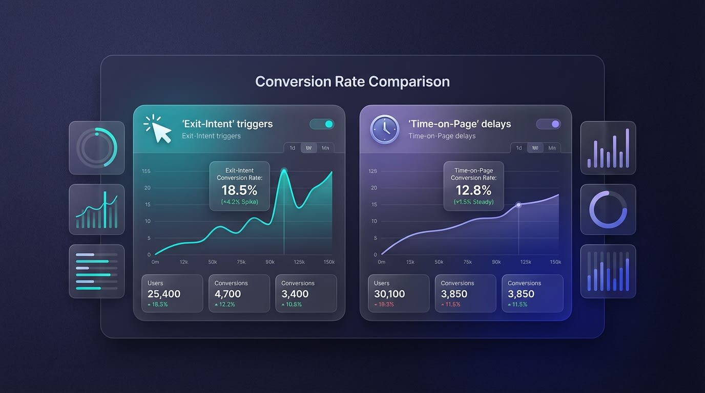 Analytics dashboard comparing conversion rates of exit-intent triggers versus time-on-page delays