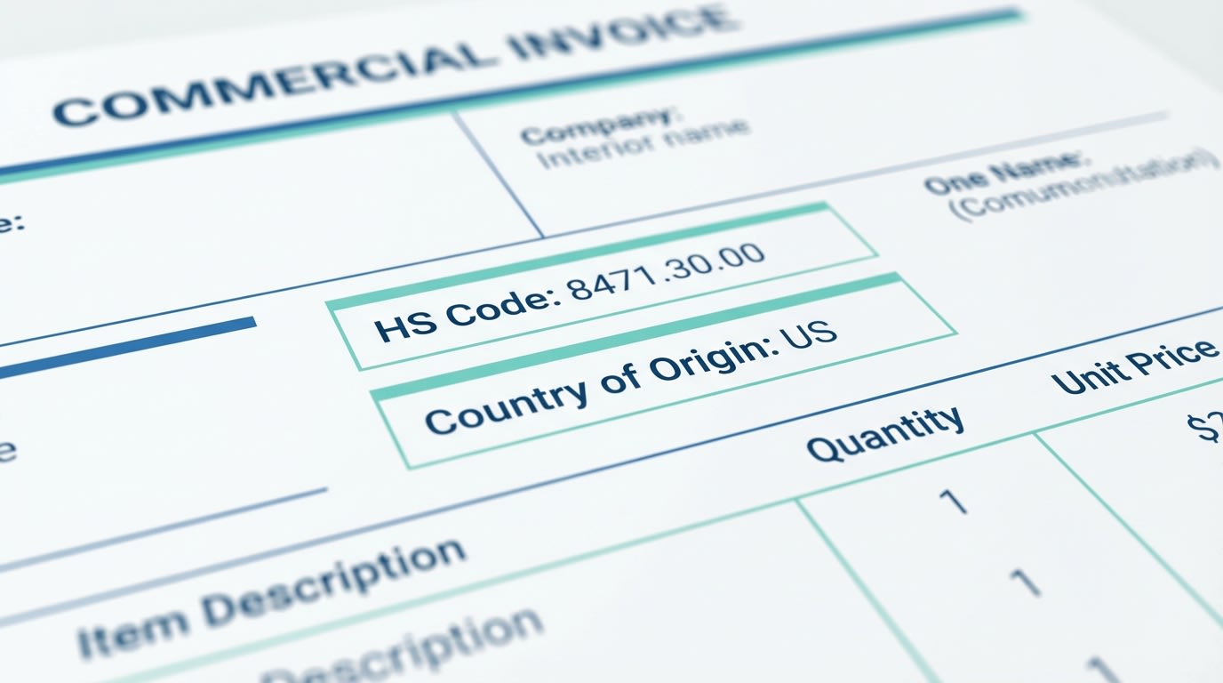 Close up of a commercial invoice highlighting the HS Code and Country of Origin fields