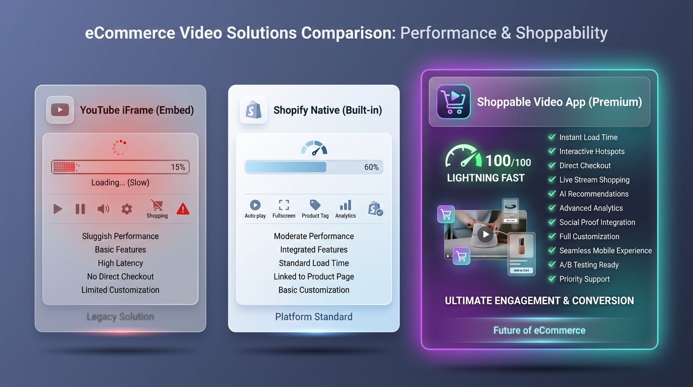 Comparison chart showing page load speed and features of Shopify Native vs YouTube iFrame vs Shoppable Video App