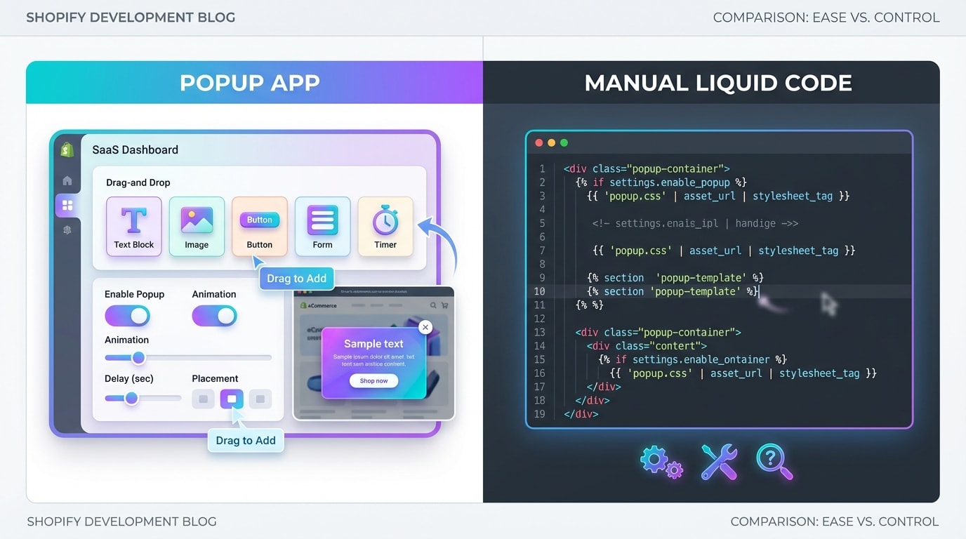 Comparison chart showing popup app features versus manual Liquid code implementation for Shopify