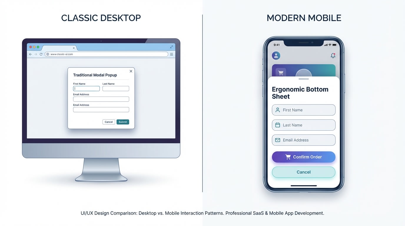 Comparison wireframe showing a popup designed for desktop vs a thumb-friendly popup for mobile