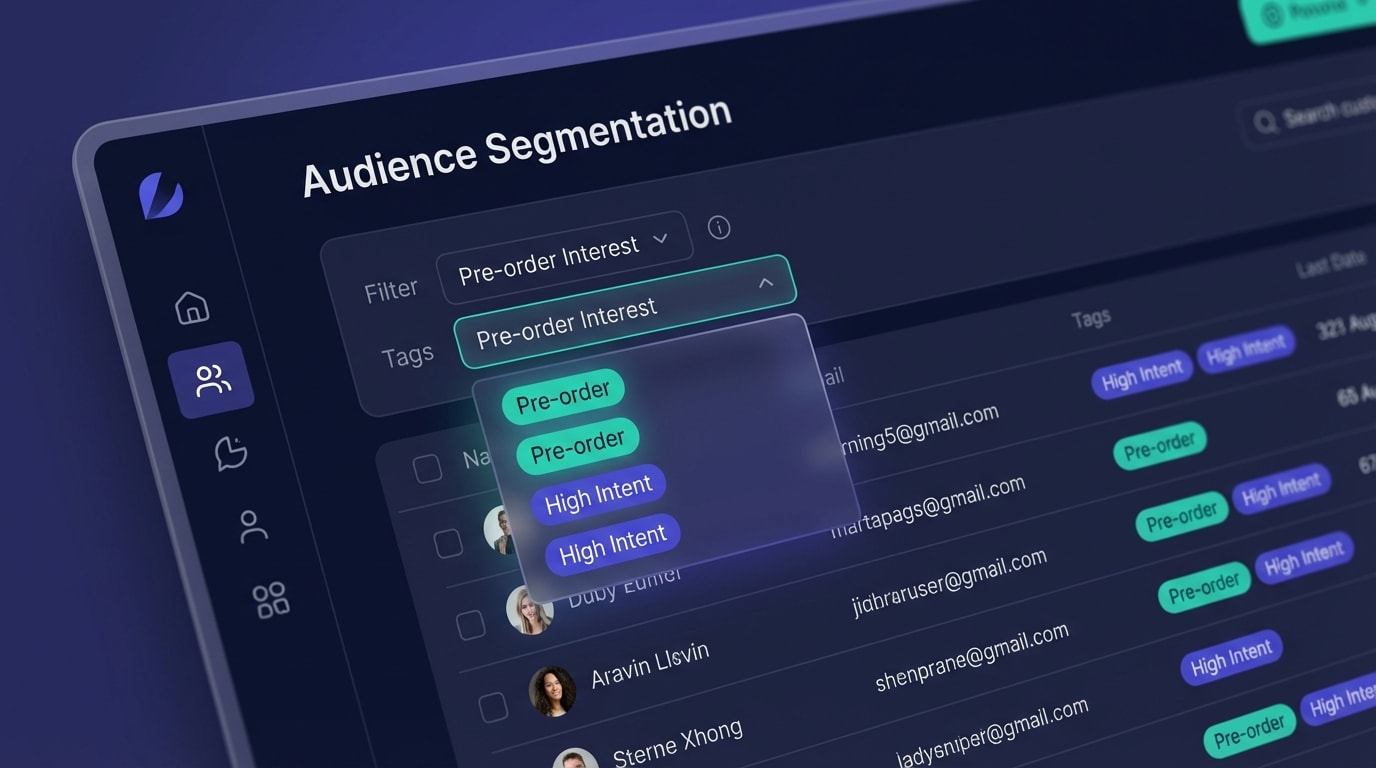Dashboard view of an email marketing platform showing a specific segment for Pre-order Interest tagging