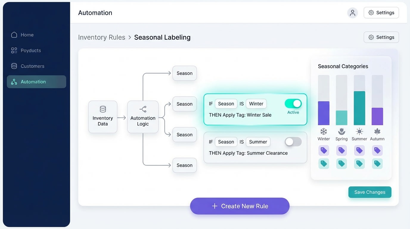 Dashboard view showing automated inventory rules for seasonal labeling
