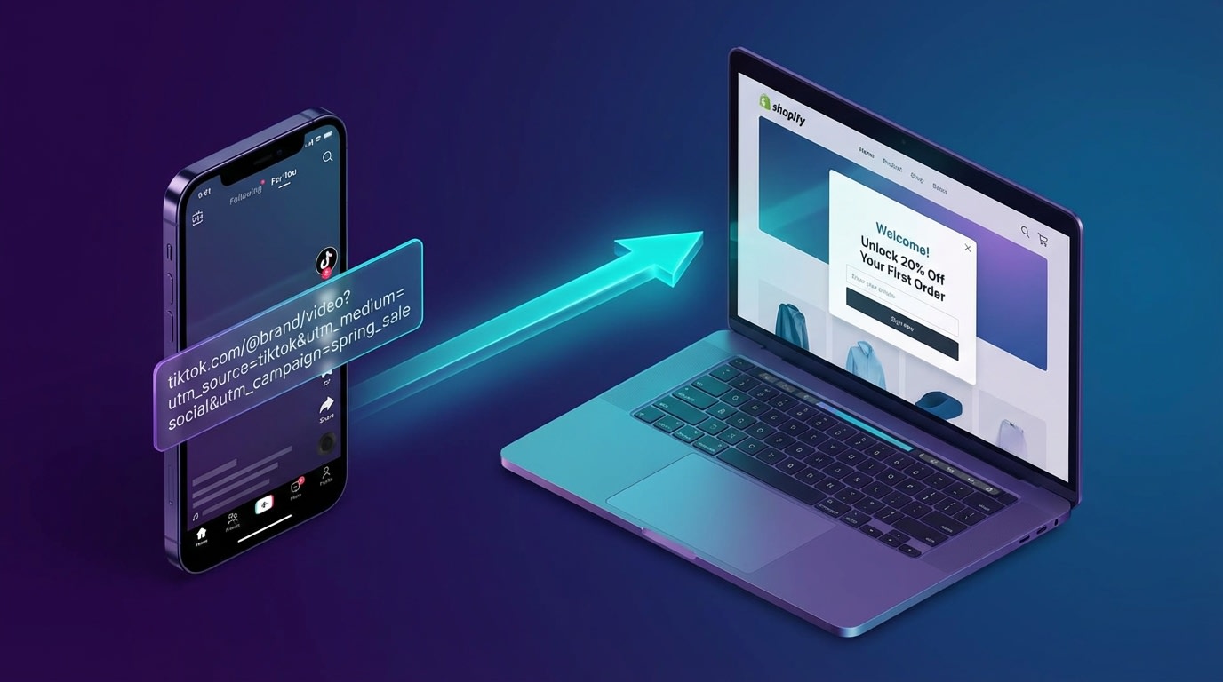 Diagram showing a TikTok link with UTM parameters triggering a specific Shopify popup design