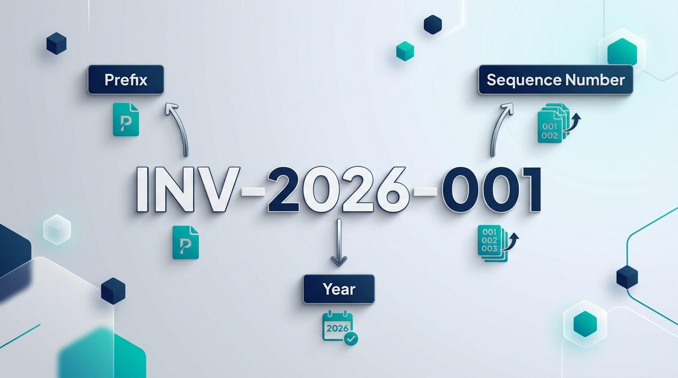 Diagram showing the breakdown of a formatted invoice number like INV-2026-001