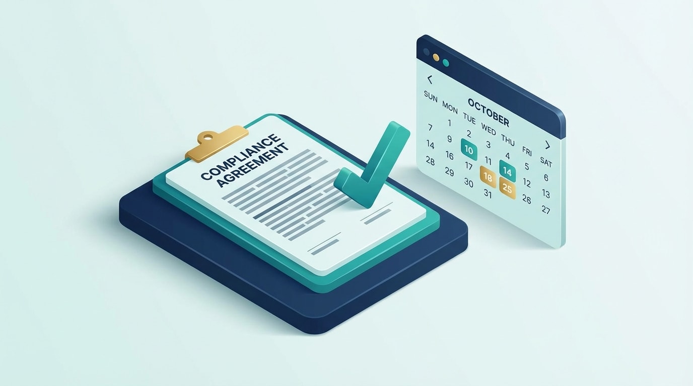 Document icon indicating legal compliance paired with a calendar showing shipping dates