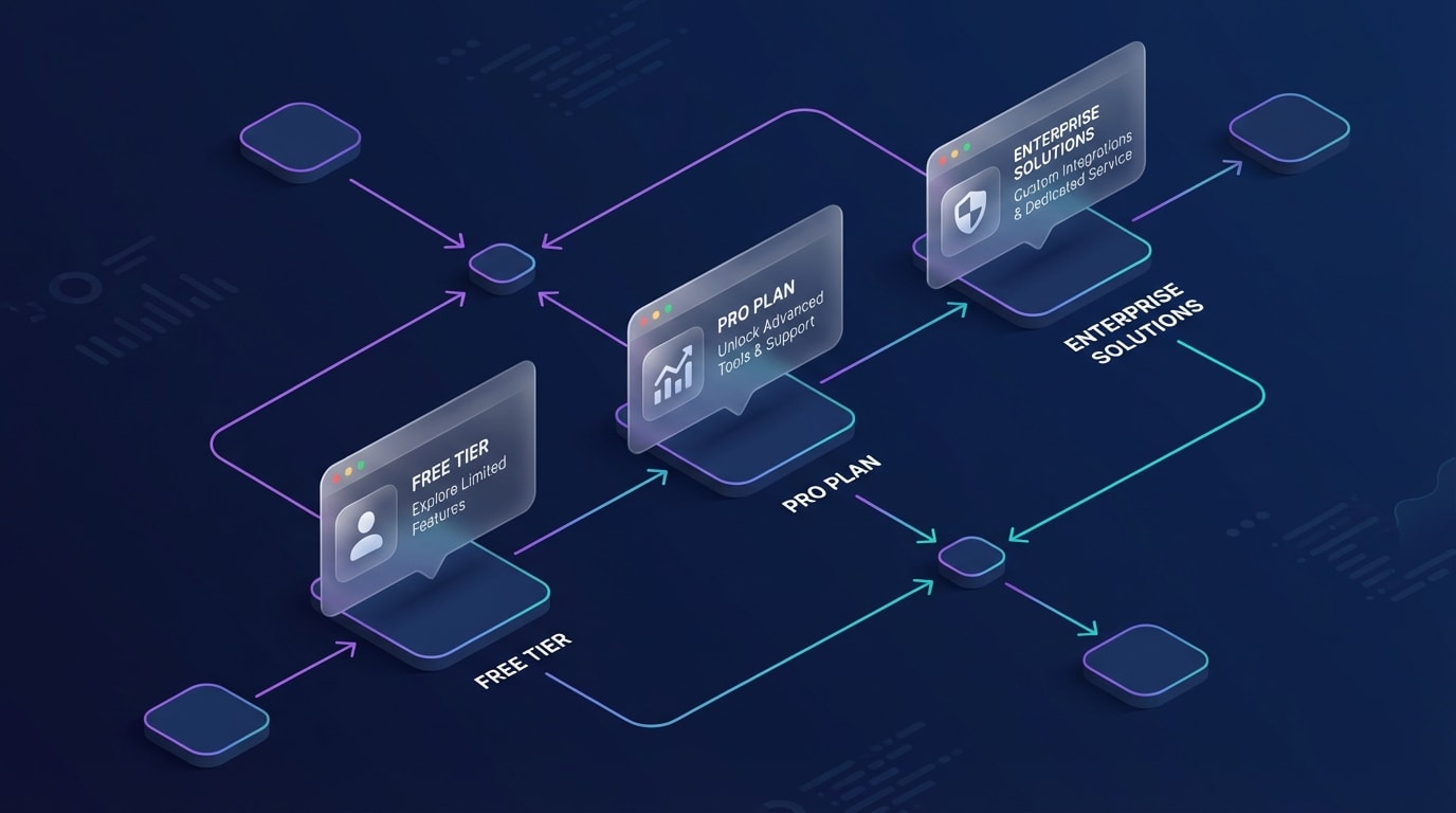 Flowchart showing a customer journey with targeted popups triggering based on their current subscription status