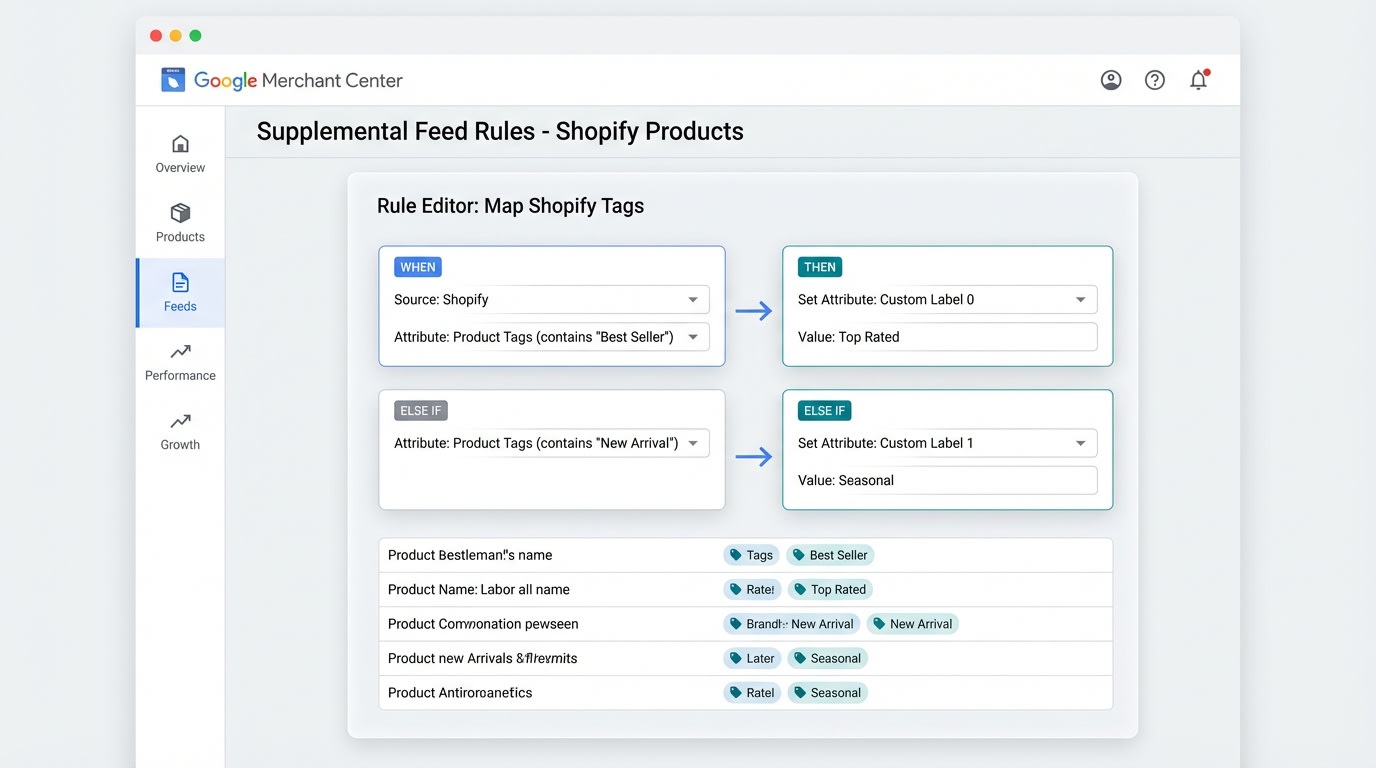 Google Merchant center dashboard showing supplemental feed rules based on Shopify tags