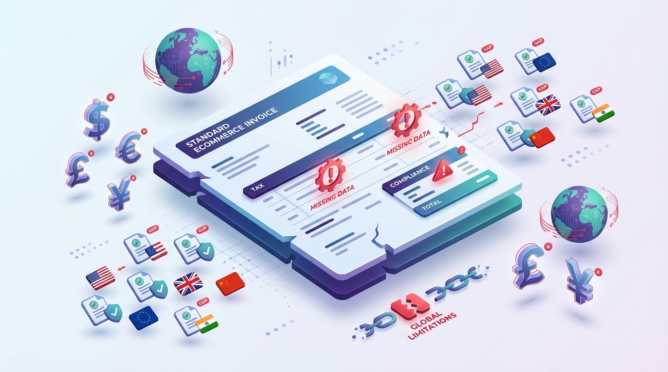 Graphic showing the limitations of standard Shopify invoicing for international tax compliance
