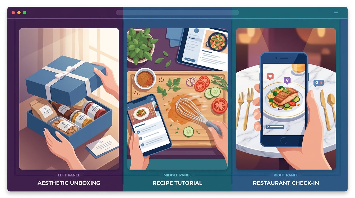 Grid showing three different types of food UGC: an aesthetic unboxing, a recipe tutorial, and a restaurant check-in
