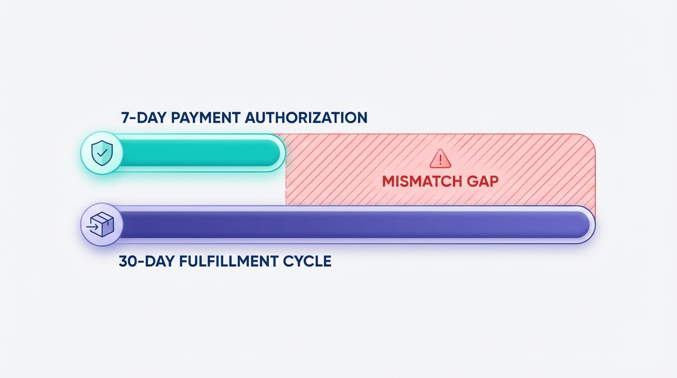 Illustration showing a timeline mismatch between a 7-day payment authorization window and a 30-day fulfillment cycle