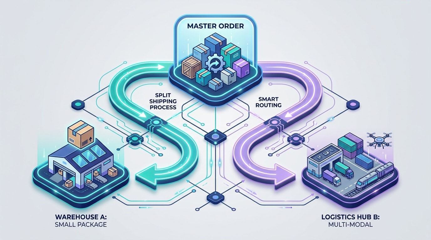 Logistics flowchart showing split shipping paths for a single order containing mixed stock