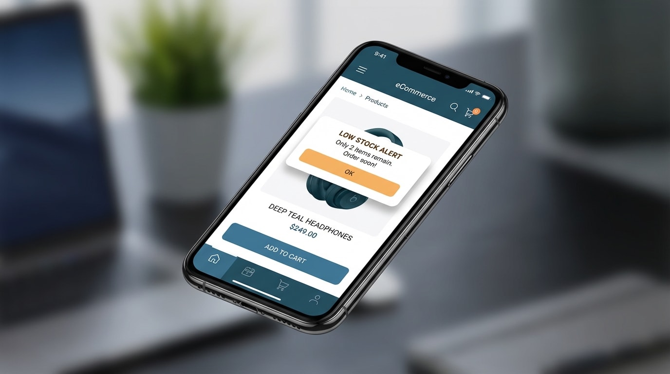 Mobile mockup of a low-stock popup warning shoppers that only 2 items remain