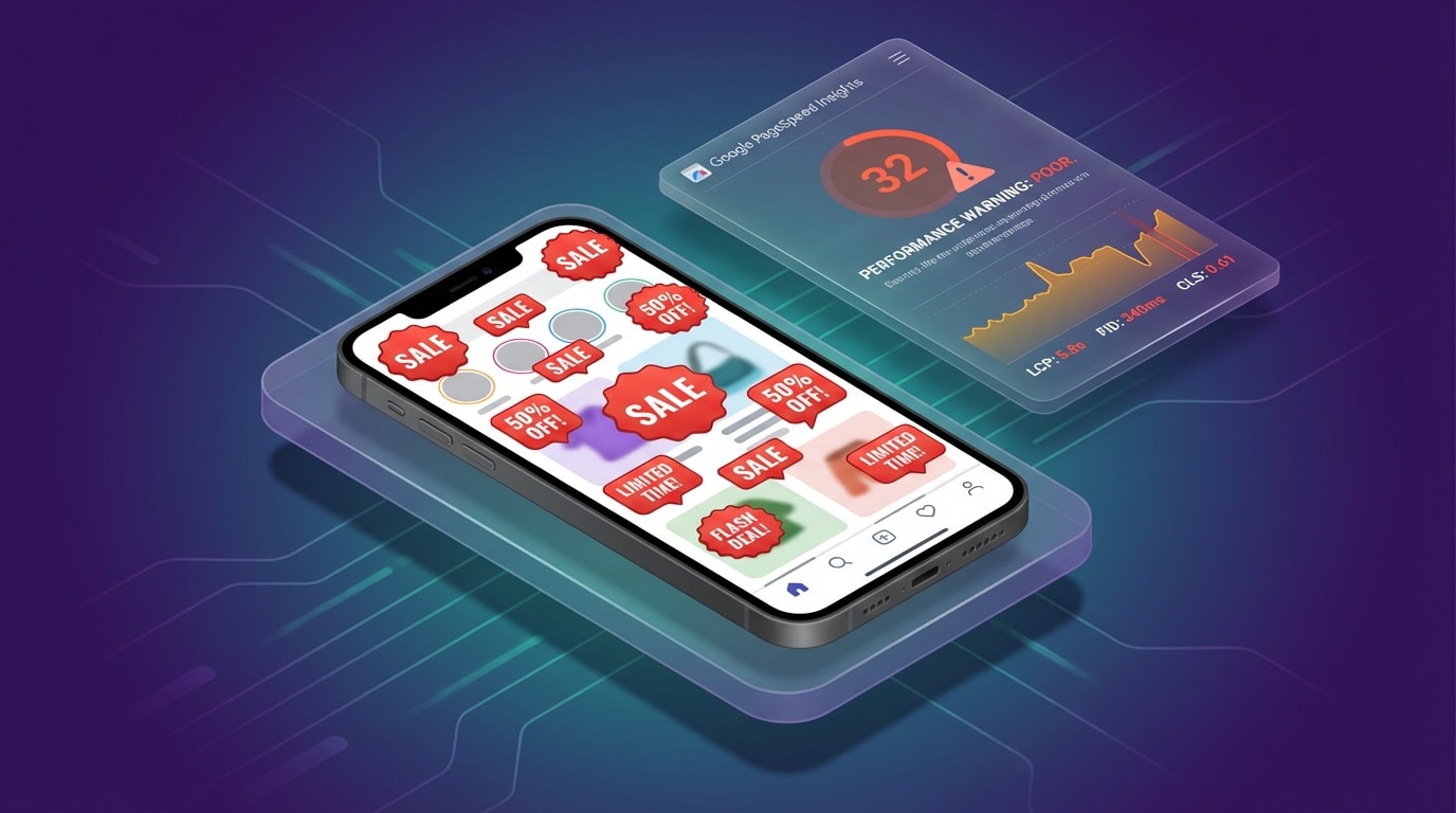 Mobile screen showing a Shopify store with overlapping, cluttered sale badges and a Google PageSpeed Insights warning