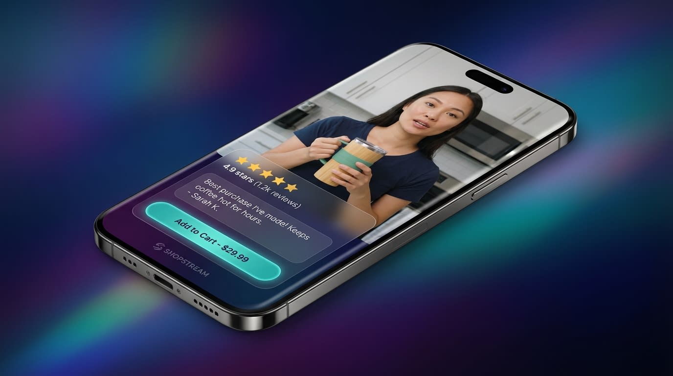 Mobile view of a shoppable video feed powered by ReelPik showing a user-generated review linked to a checkout button