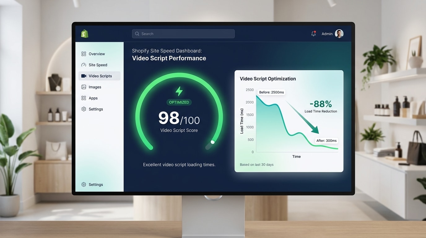 Screenshot of a Shopify site speed dashboard showing optimized video script performance