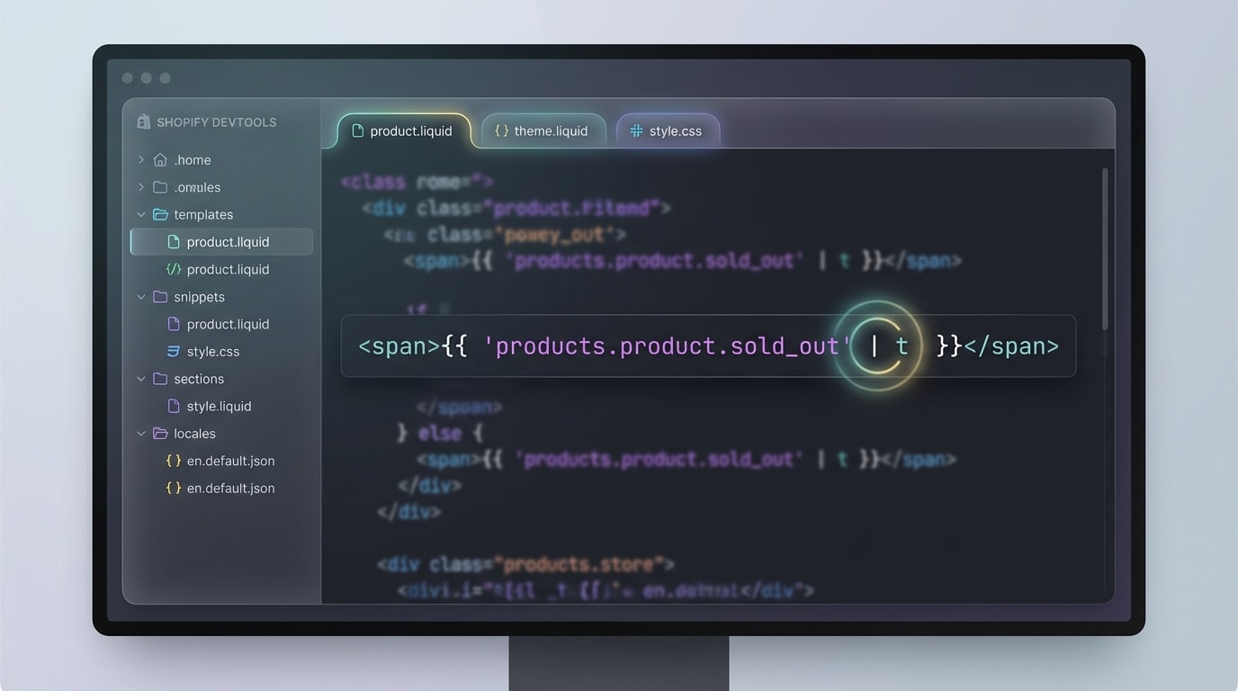 Screenshot of a Shopify theme code editor showing how to wrap badge text in a 't' filter